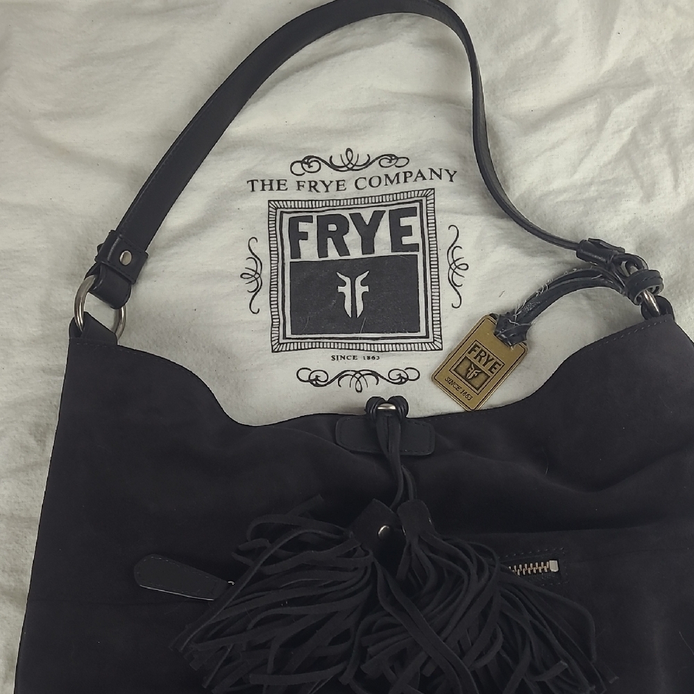 FRYE Black SUEDE Bag HOBO With Magnetic Close And Tassles EUC